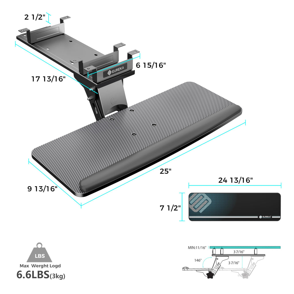 Keyboard Tray Height Adjustable, Swivel Tilt Computer Keyboard Drawer Under Desk, 25x9.13'' Sliding Keyboard & Mouse Platform with Mouse Pad for Typing, Black