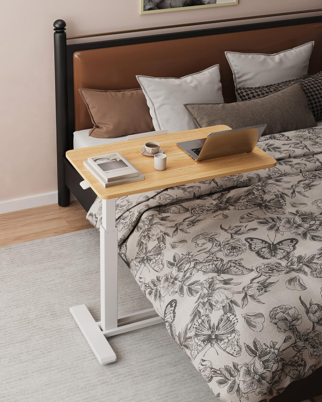 H7 PRO Mobile Standing Desk Adjustable Overbed Table Pneumatic with Wheels 55°Tiltable Portable Laptop Desk Rolling Computer Cart Foldable Bedside Table(27.6" W x 15.7" D, Maple)