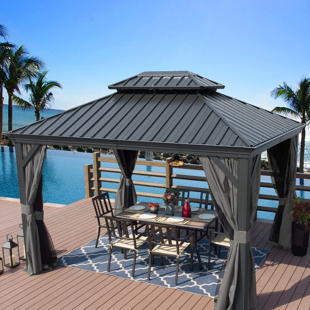 10' x 12' Hardtop Gazebo, Aluminum Frame with Galvanized Steel Double Roof, Outdoor Permanent Pavilion with Curtains and Netting for Patio, Backyard, Deck, Lawn (Gray)