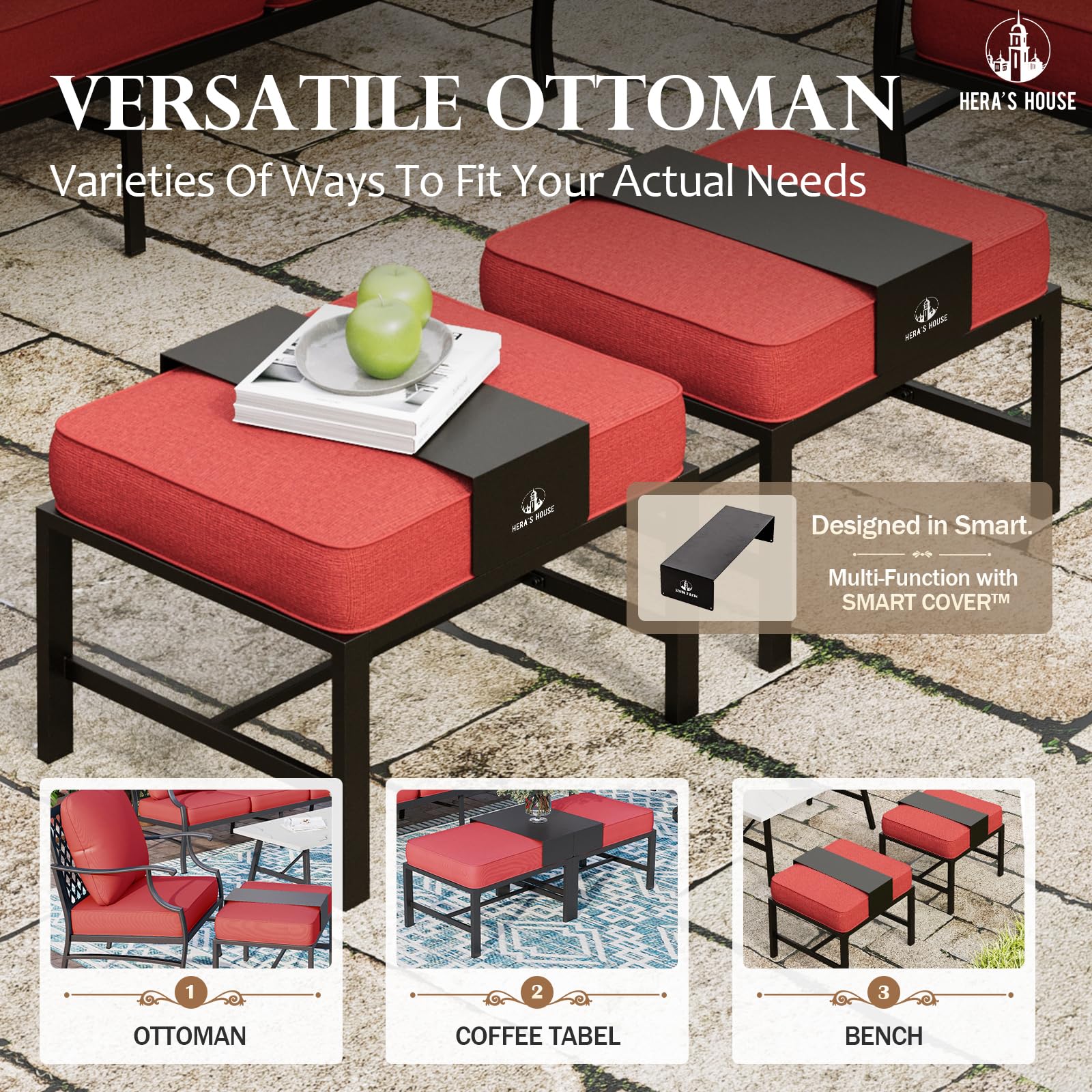 7 Piece Patio Furniture Set, 2 x Rocking Chair, 2 x Fixed Chair, 2 x Ottoman, 1 x 3-Seat Sofa, All Cushioned 9 Seats Metal Outdoor Conversation Set for Lawn Garden Backyard