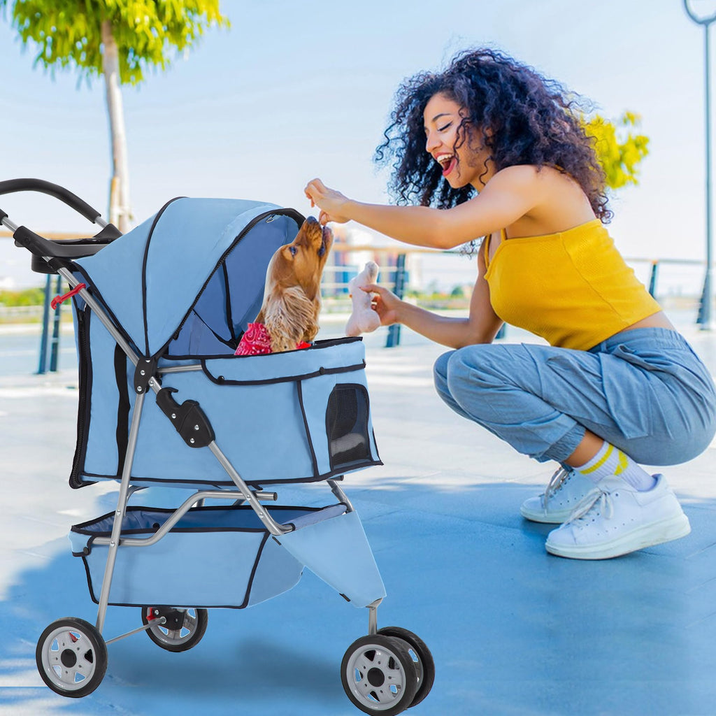 Pet Stroller 3-Wheel Durable Foldable Cat Dog Stroller with Washable Liner Storage Basket Cup Holder,Blue