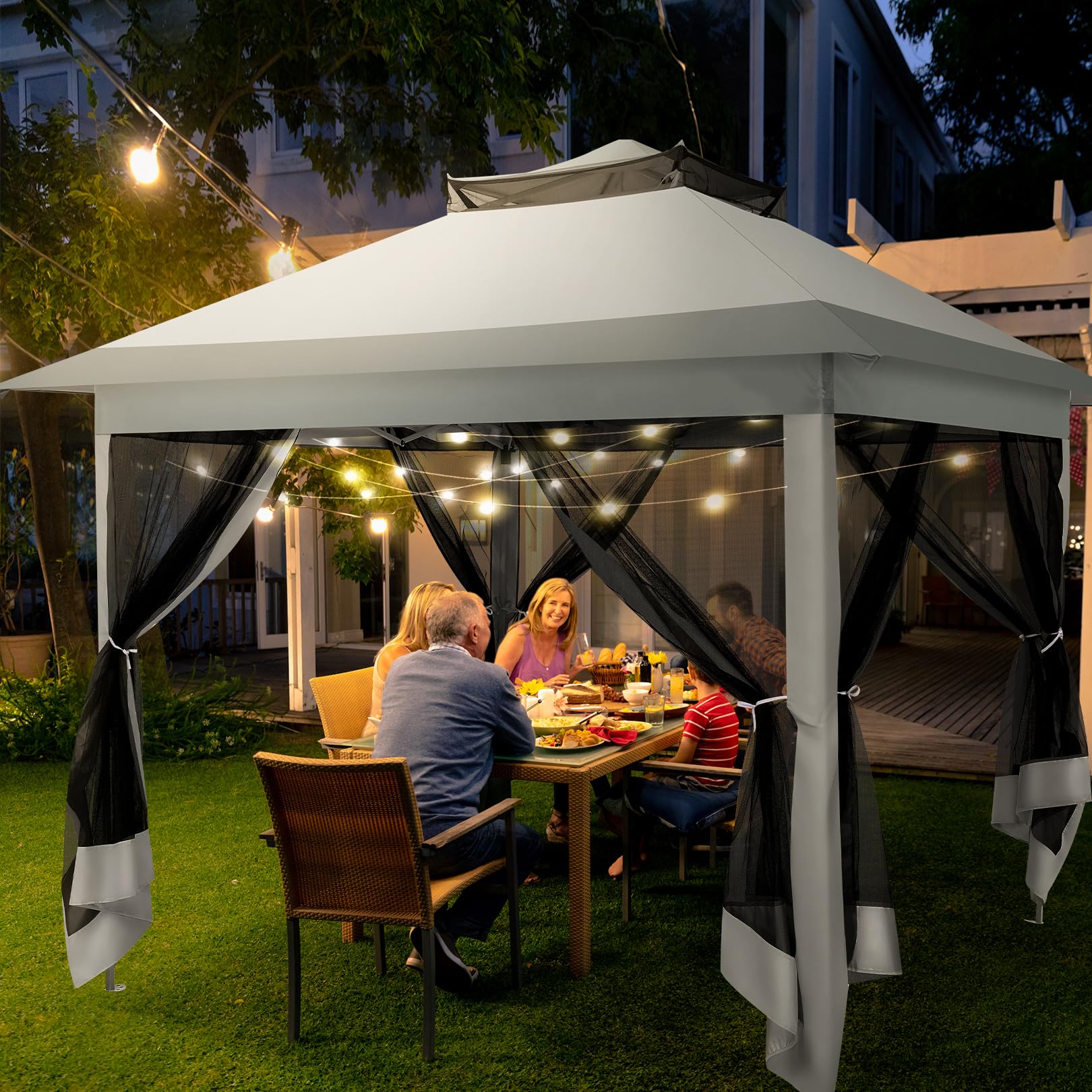 12x12 Pop Up Gazebo On Clearance - Upgrade Easy Up Metal Outdoor Canopy Waterproof - Portable Gazebo with Mosquito Nettings, 4 Ropes 8 Stakes and Carry Bag for Patio Garden(Light Gray)