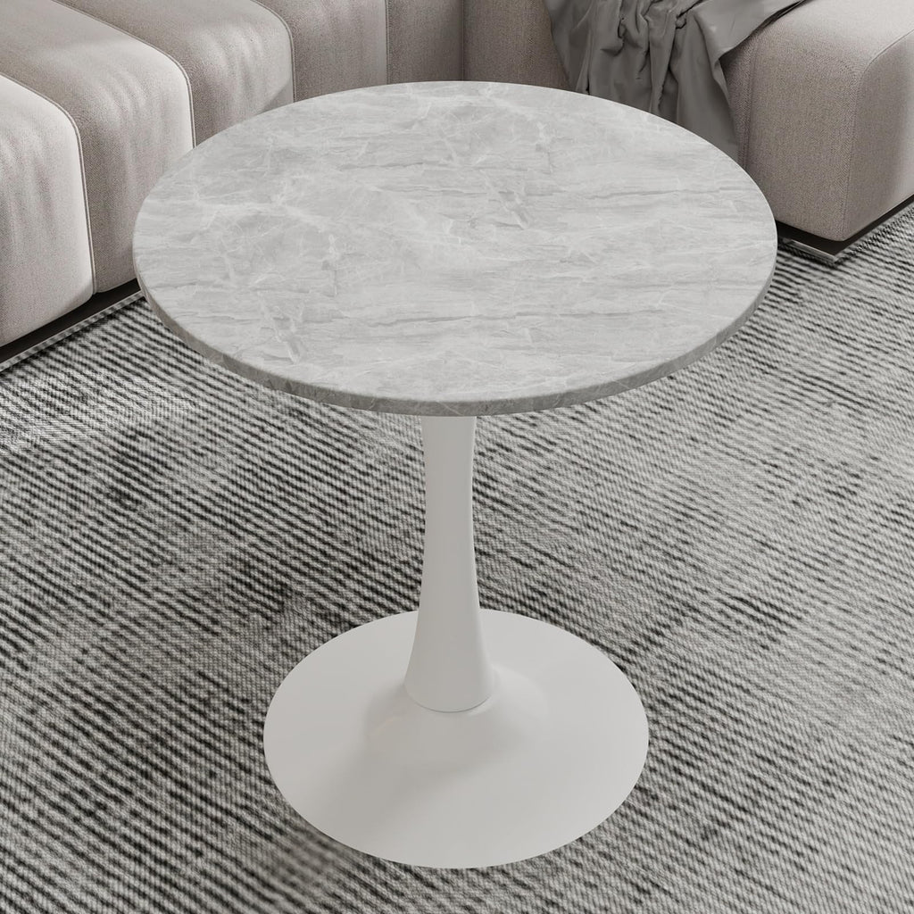 27.6" Marble Round Tulip Table, Mid-Century Modern Style Dining Table with White Pedestal Base for 2-4 People, Featuring A Marble Tabletop for Kitchen, Dining Room, Cafe (Light Grey)