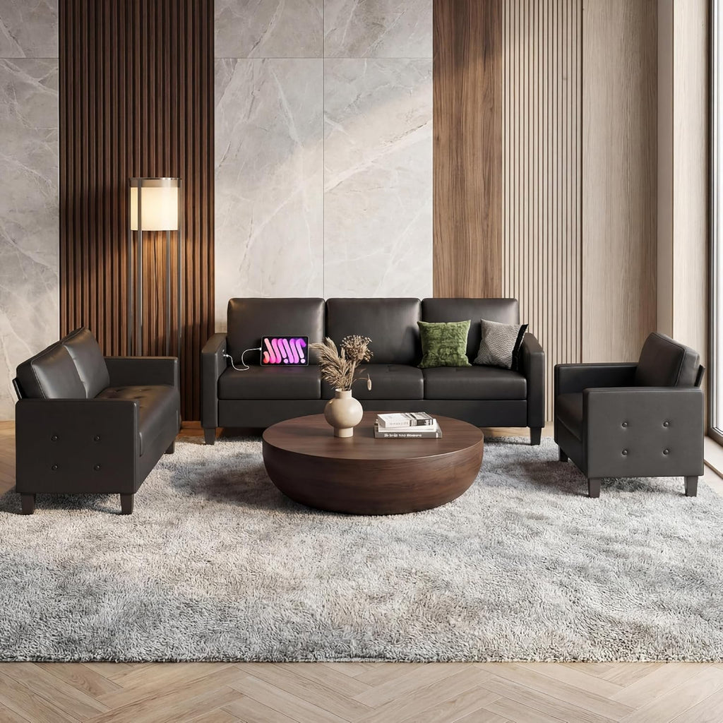 73” Black Faux Leather Couch, Modern Comfy Office 3 Seater Sofa Couch with Tufted Armrest and USB, Small Loveseat Couches for Living Room, Apartment, Bedroom