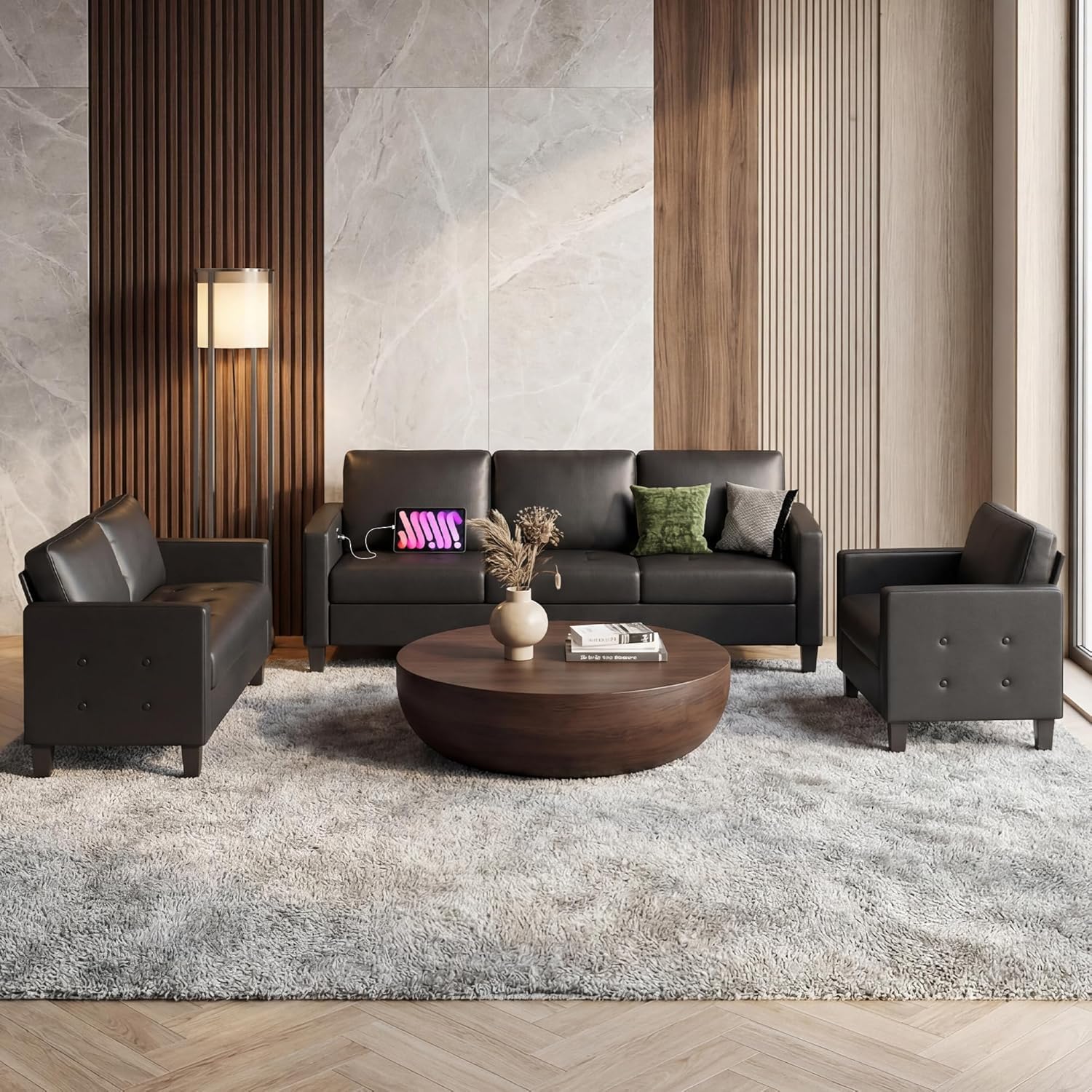 73” Black Faux Leather Couch, Modern Comfy Office 3 Seater Sofa Couch with Tufted Armrest and USB, Small Loveseat Couches for Living Room, Apartment, Bedroom