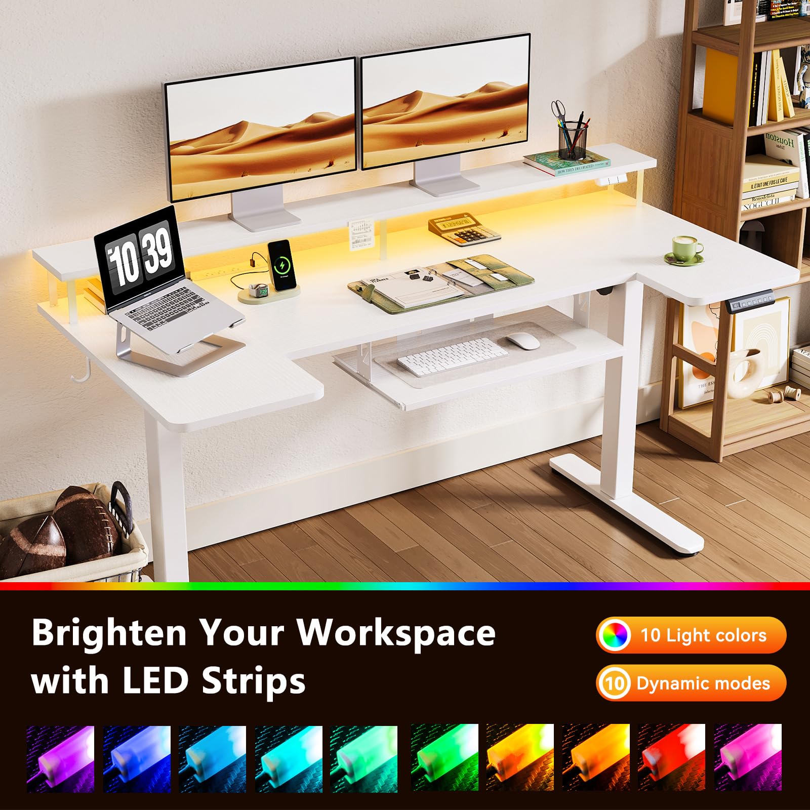 U Shaped Electric Standing Desk with Keyboard Tray, 63 Inch Height Adjustable Desk with Power Outlets & LED Lights, Sit Stand Table with Monitor Stand for Home, Office, White