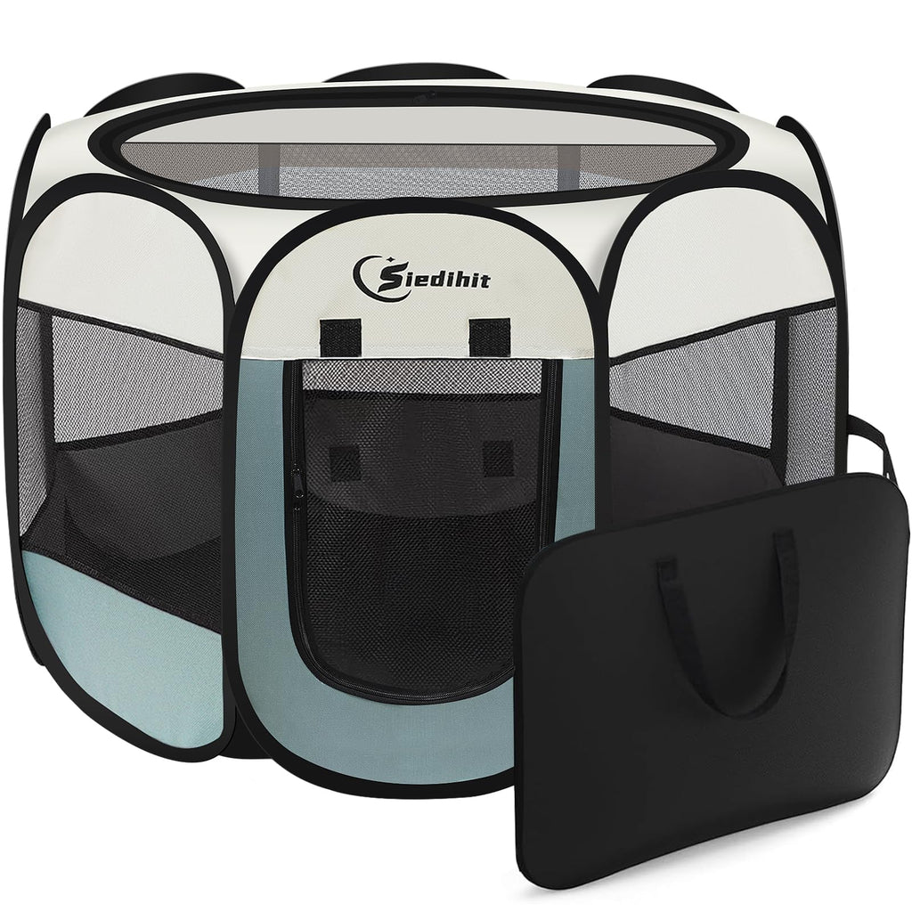Dog Playpen, Puppy Pet Playpen, Medium Dogs Tent Crates Cage Indoor/Outdoor, Portable Pop Up Dog Kennel Playpen with Carrying Case for Dogs/Cats/Rabbits, Removable Zipper Top, Grey