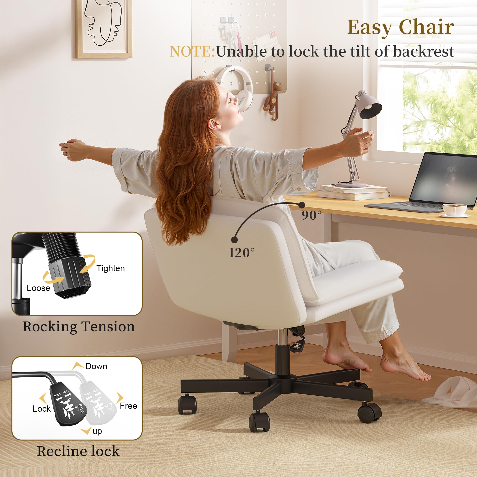 Criss Cross Chair with Wheels, Cross Legged Office Chair, Armless, 2 Layer Scratch-Resistant Pu Leather Swivel for Home Office,Makeup Vanities & Dressing Tables,Beige