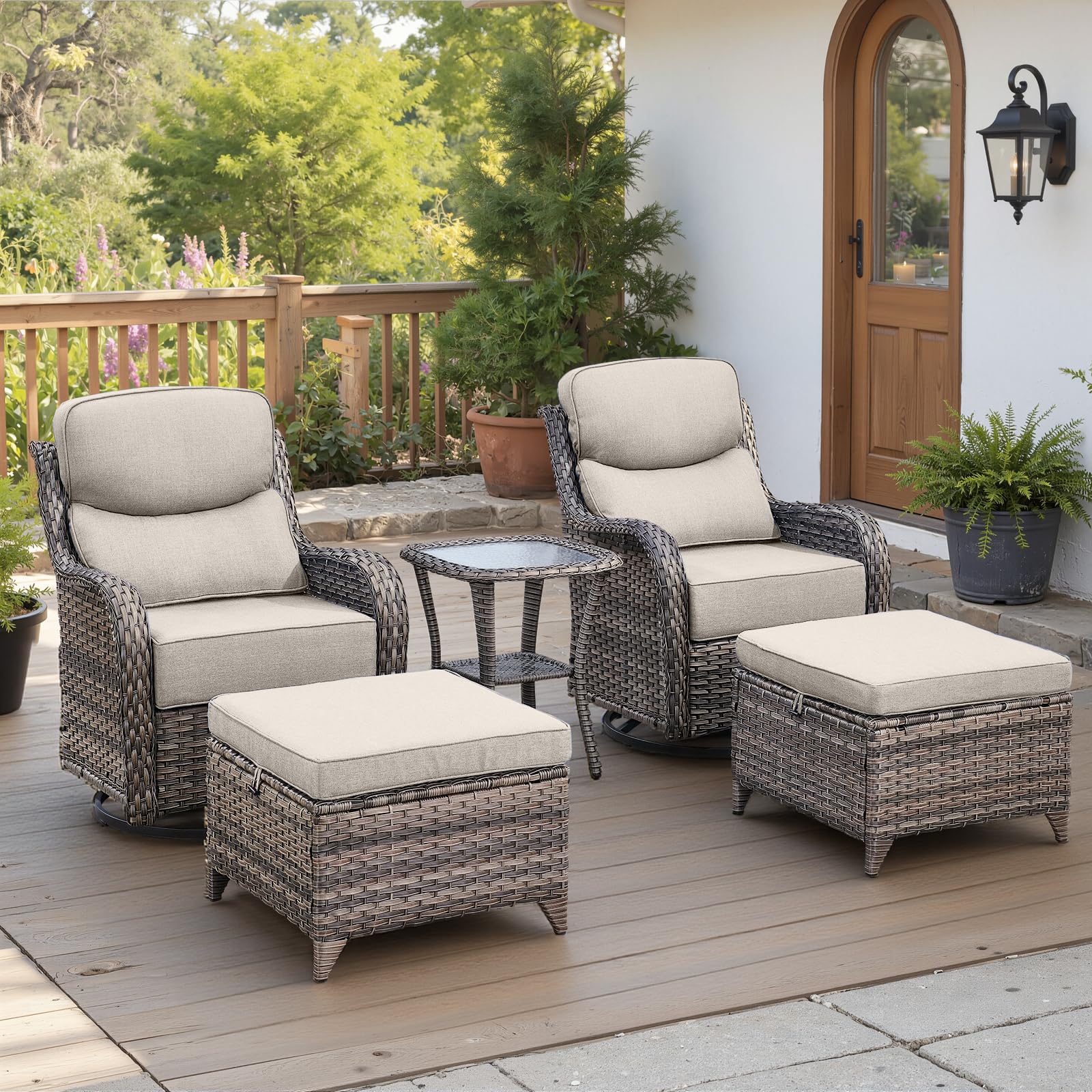 Luxury 6" Thick Cushioned 5 Pieces Patio Furniture Set with 2 Ottomans, Wicker Outdoor Conversation Set with High Back Swivel Rocker Patio Chairs for Deck Porch Yard and Poolside - Grey+Beige