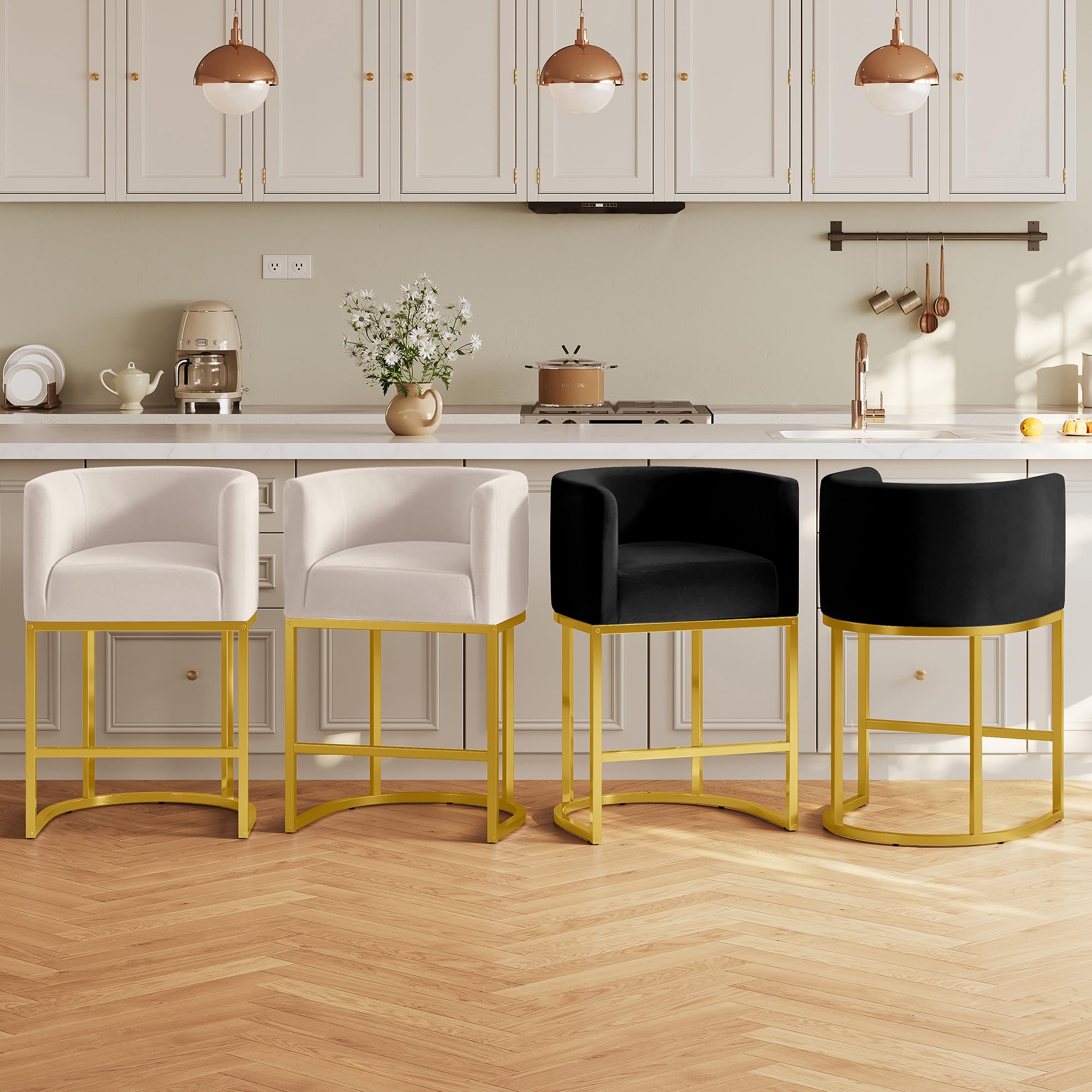 Modern Counter Height Bar Stools,Bar Stools Set of 4,Velvet Fabric Upholstered Barrel Barstools with Backs,26'' Kitchen Island Chairs,Metal Gold Frames,Ink Black Velvet