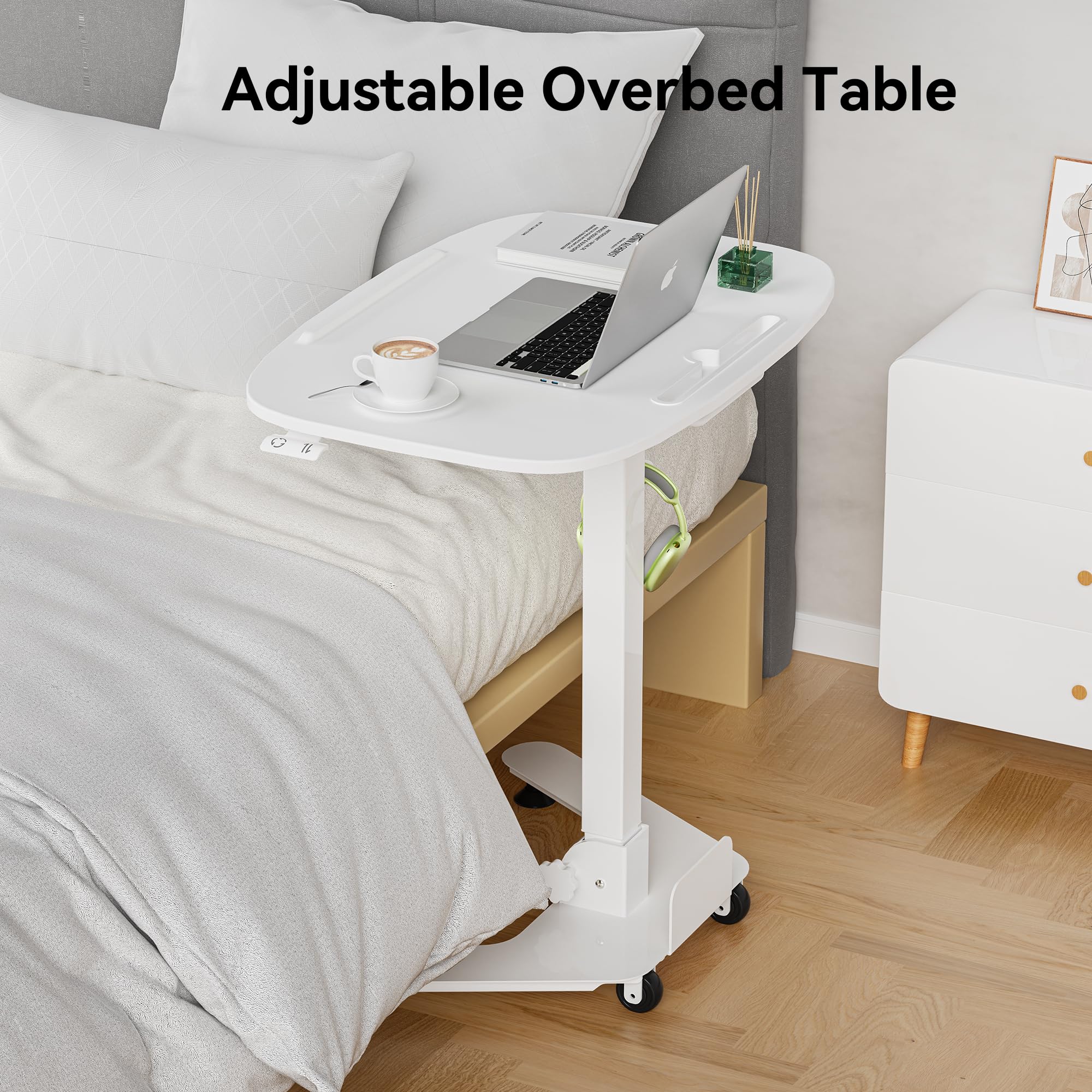 Foldable Pneumatic Height Adjustable Mobile Standing Desk with 90° Tiltable Tabletop, 27.2x18.9 Inch Portable Laptop Desk with Wheels, Holds Up to 66.1lbs for Home Office, Study, White