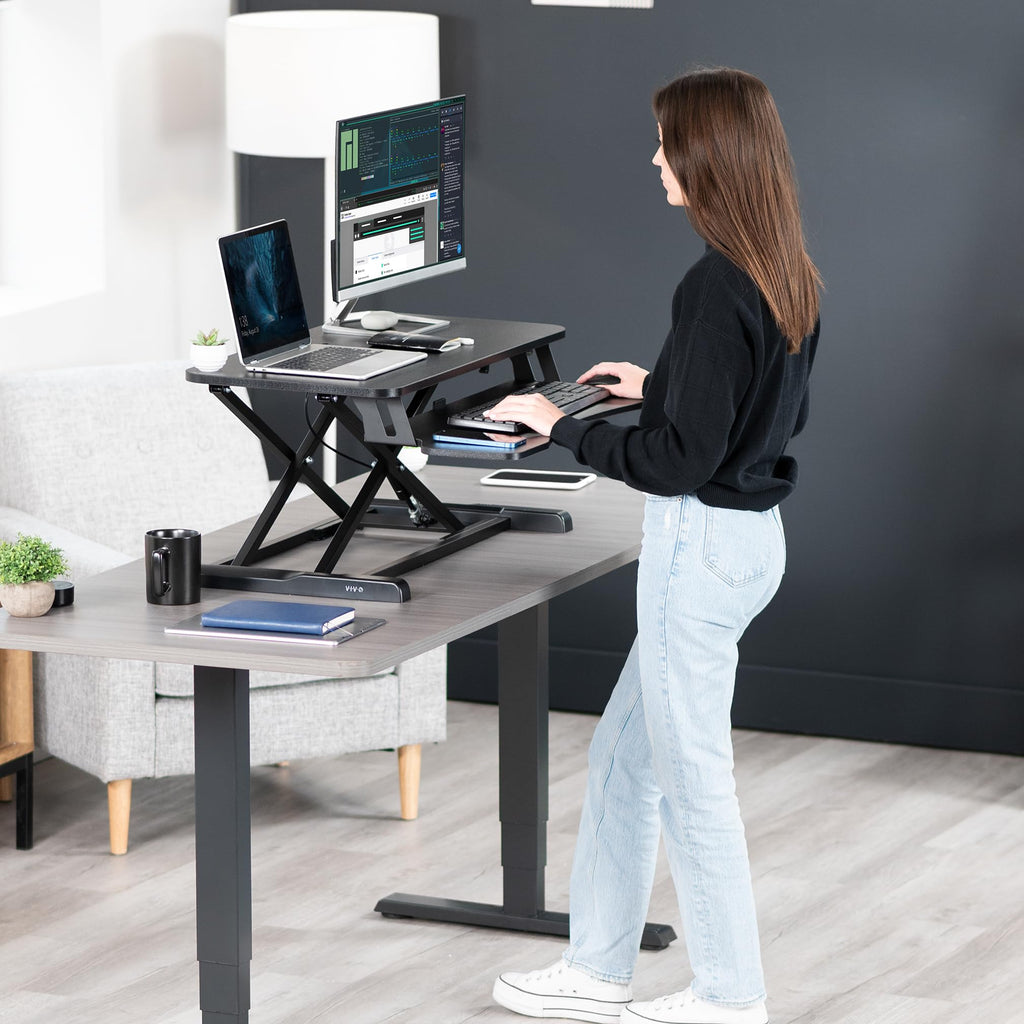 32 inch Desk Converter, K Series, Height Adjustable Sit to Stand Riser, Dual Monitor and Laptop Workstation with Wide Keyboard Tray, Black, DESK-V000K