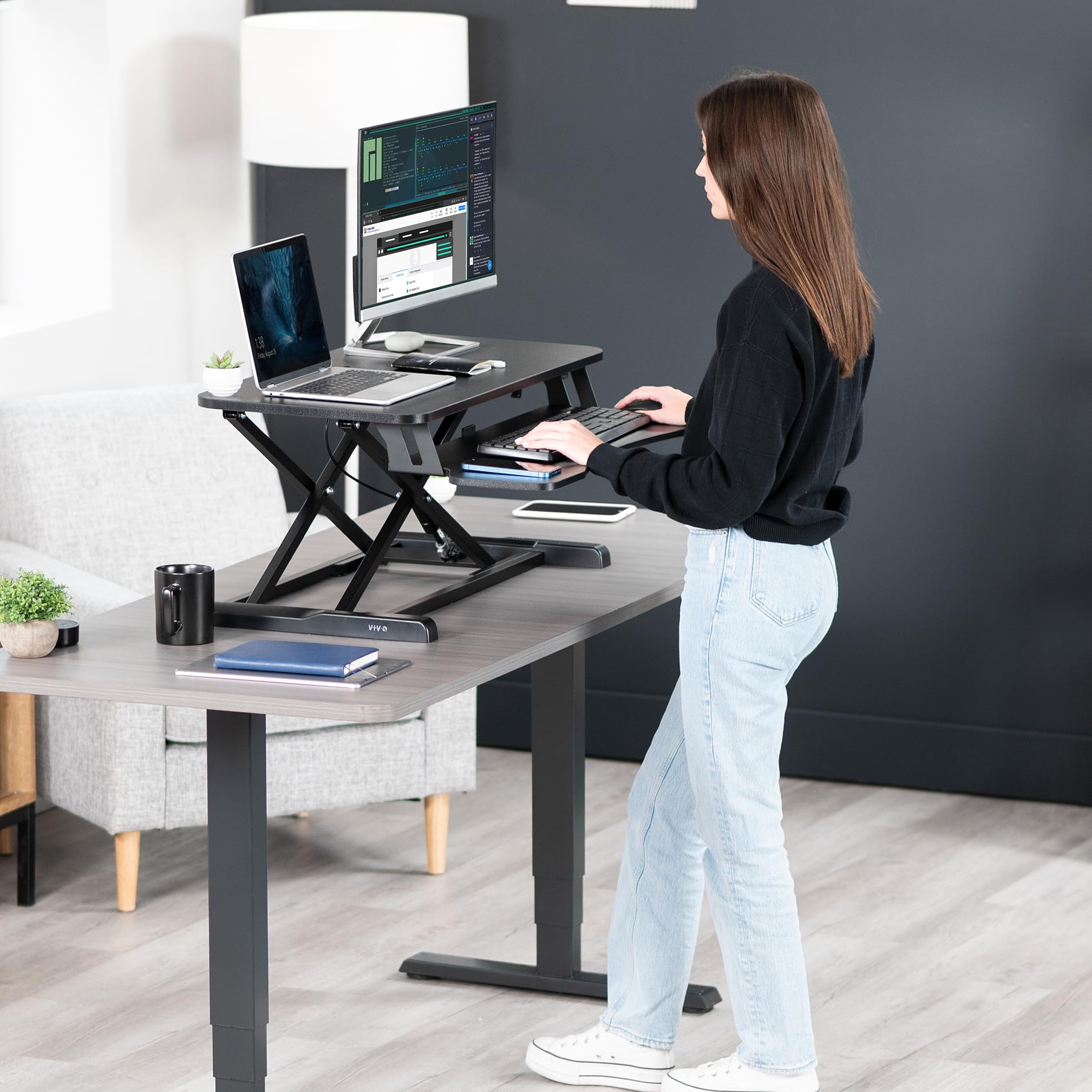 32 inch Desk Converter, K Series, Height Adjustable Sit to Stand Riser, Dual Monitor and Laptop Workstation with Wide Keyboard Tray, Black, DESK-V000K