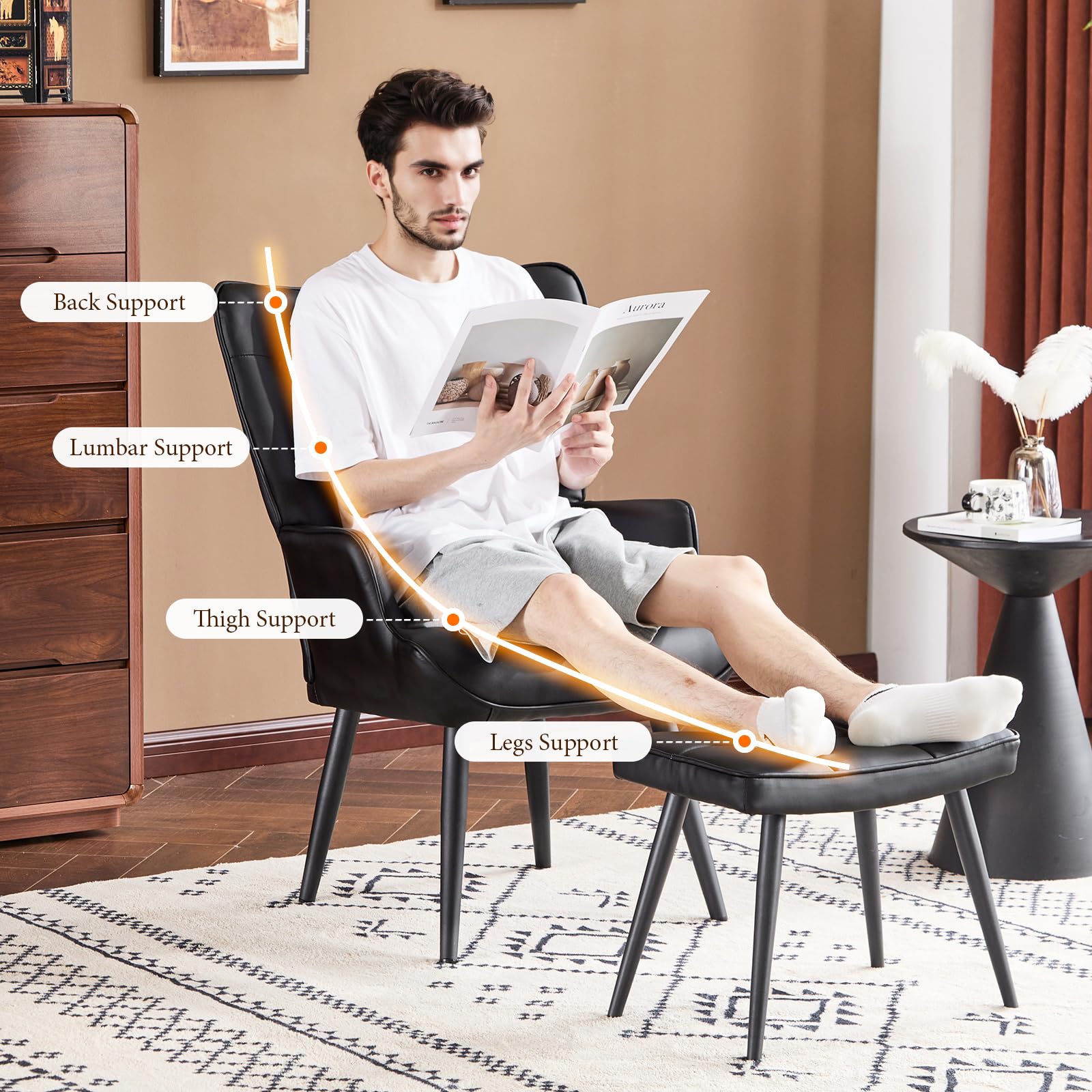 PU Leather Accent Chair with Ottoman, Upholstered Reading Chair with High Backrest, Tufted-Button Wingback Armchair for Bedroom, Dressing Room, Home Office, Black