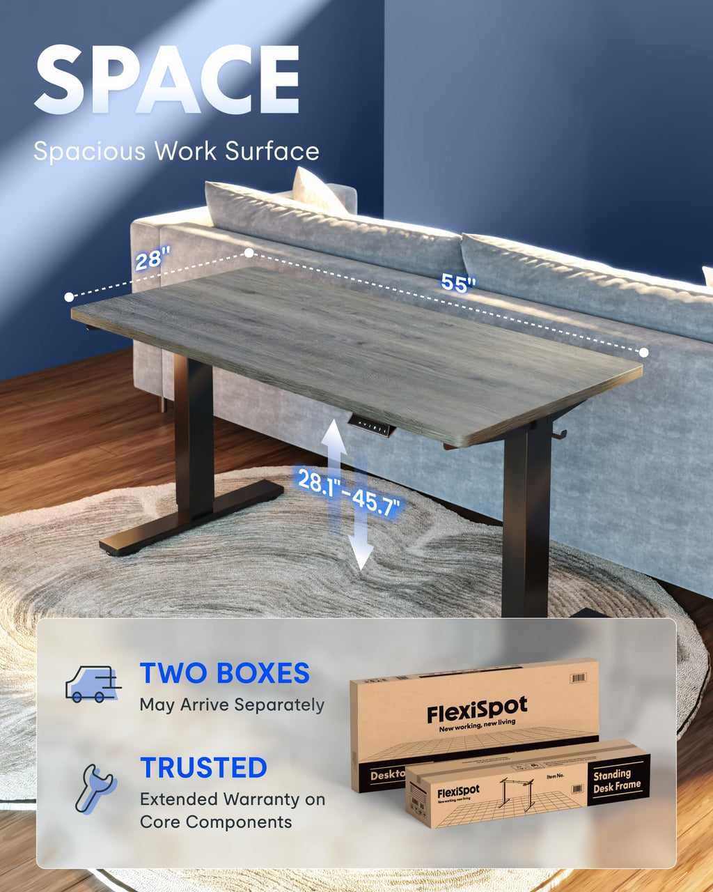 EN1 One-Piece Standing Desk, Electric Adjustable with 4 Memory Presets, 176 LBS Capacity, Stable & Quiet, Seamless Desktop for Home Office & Dual Monitors, 55"x28" Gray Wood