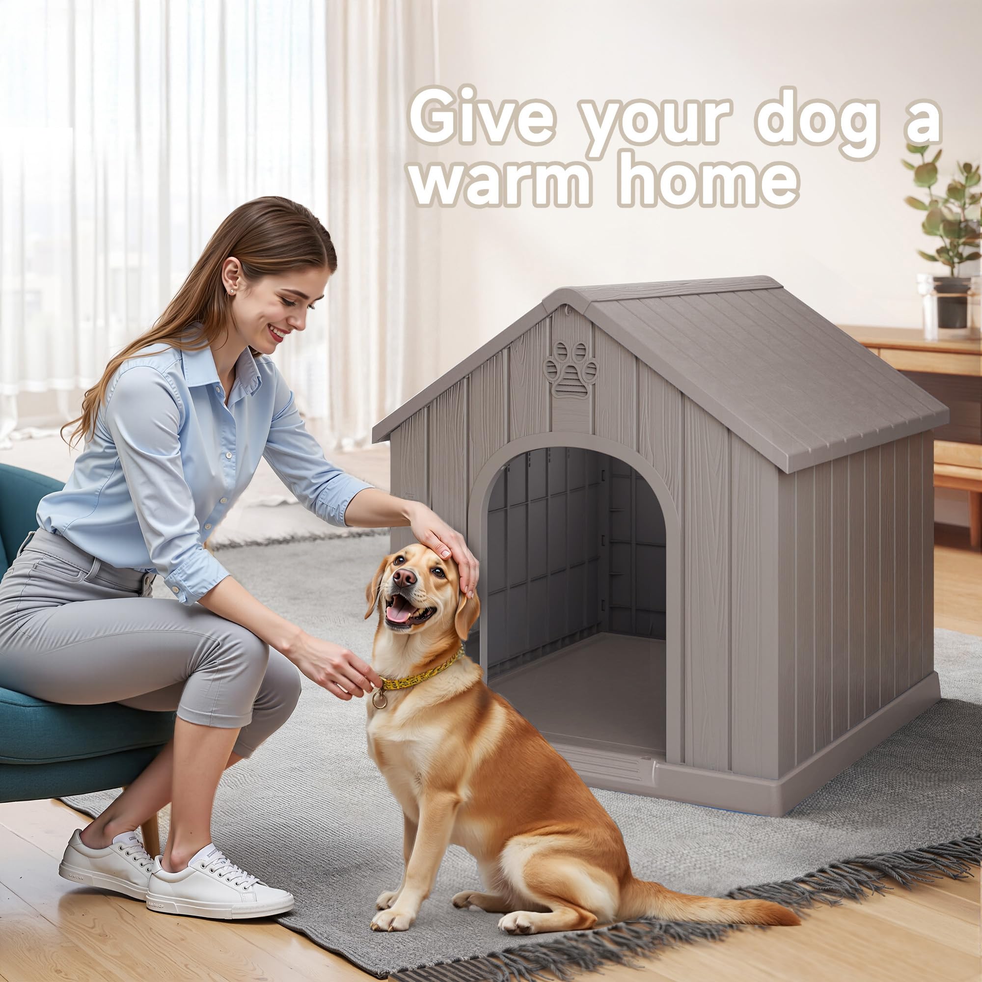 Large Dog House Indoor Outdoor Waterproof,Puppy Shelter with Air Vents and Elevated Floor,Sturdy Dog Kennel for Small to Large Sized Dogs, Easy to Assemble (Grey, 38.62×36.26×38.07 Inches)