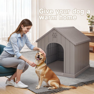 Large Dog House Indoor Outdoor Waterproof,Puppy Shelter with Air Vents and Elevated Floor,Sturdy Dog Kennel for Small to Large Sized Dogs, Easy to Assemble (Grey, 38.62×36.26×38.07 Inches)
