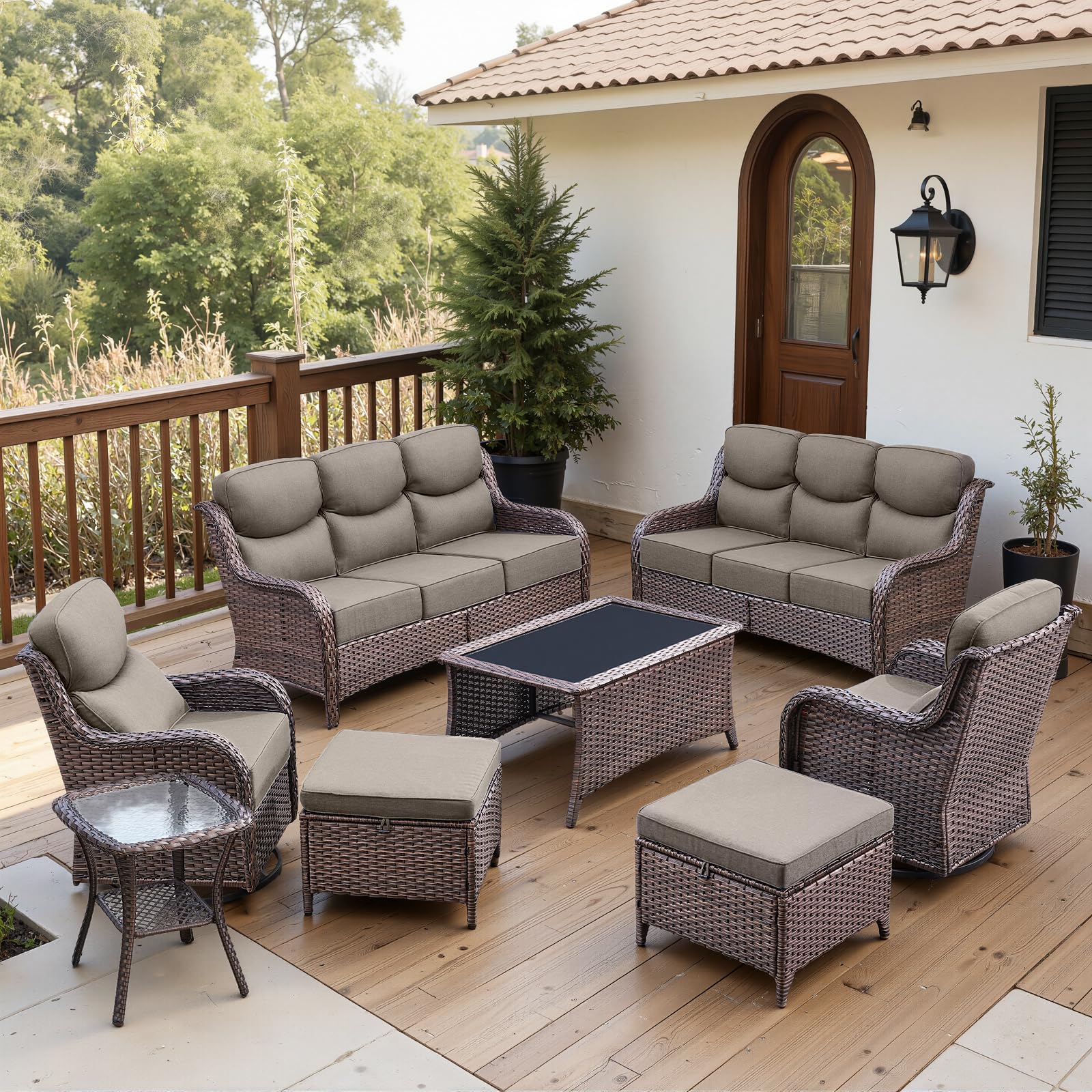 Luxury 6" Thick Cushioned 8 Pieces Patio Furniture Set with Outdoor Couch, Wicker Outdoor Conversation Set with High Back Swivel Rocker Chairs for Deck Porch Yard and Poolside - Brown+Grey