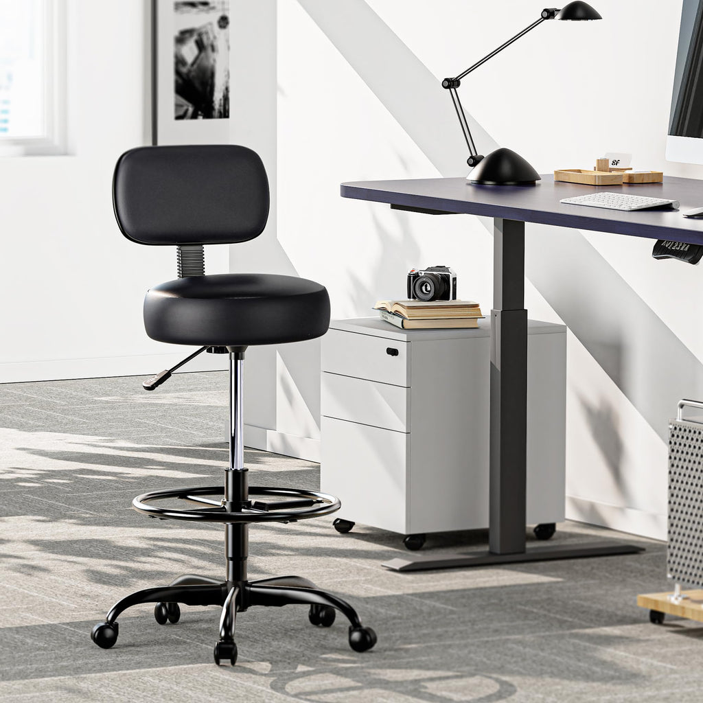 Drafting Chair with Back, Adjustable Foot Rest Rolling Stool, Multi-Purpose Office Desk Chair, Thick Seat Cushion for Home Bar Kitchen Shop - All Black