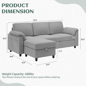 Convertible Sectional Couches Sofa, 3 Seat L Shaped Sofa with Removable Pillows Soft Corduroy Fabric Small Couch Mid Century for Living Room, Bed Room, Apartment and Office (Light Grey)