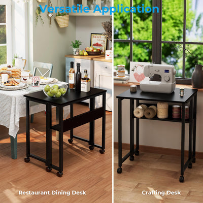 Folding Desk with Wheels, 24.8 Inch Compact Rolling Computer Table with Storage Shelf, Portable Mobile Workstation for Small Spaces, Easy Assembly, Black