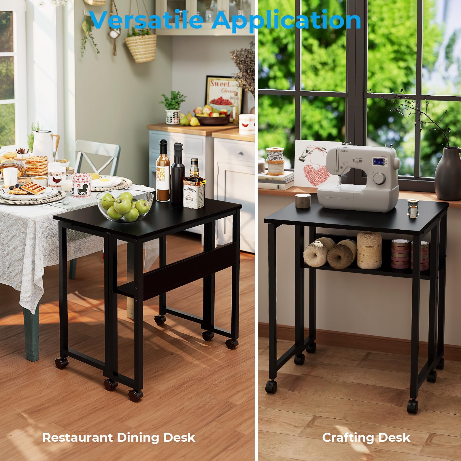 Folding Desk with Wheels, 31.5 Inch Compact Rolling Computer Table with Storage Shelf, Portable Mobile Workstation for Small Spaces, Easy Assembly, Black