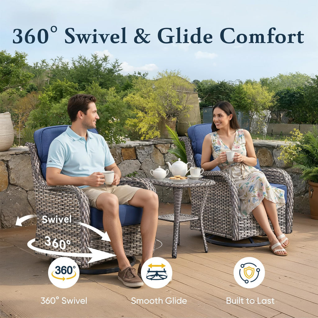 Luxury 6" Thick Cushioned 8 Pieces Patio Furniture Set with Outdoor Couch, Wicker Outdoor Conversation Set with High Back Swivel Rocker Chairs for Deck Porch Yard and Poolside - Grey+Blue