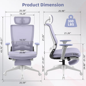 Foldable Office Chair with Foot Rest, Ergonomic Office Chair with Adjustable Lumbar Support, Headrest, Armrest, Home Office Desk Chair for Space Saving, Work from Home, Purple