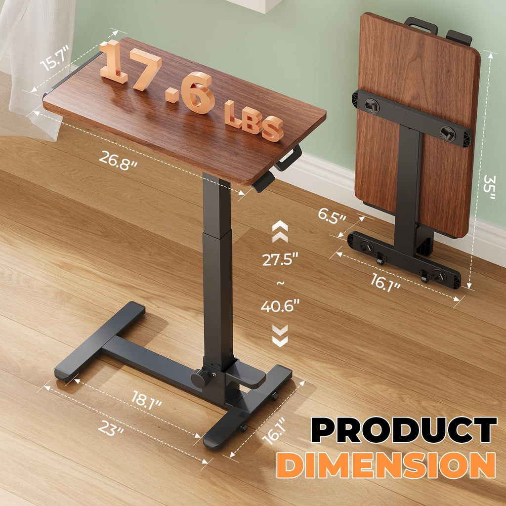 Foldable Mobile Standing Desk, 27 Inch Small Rolling Laptop Cart Height Adjustment, 90° Tiltable Bedside Table, No Assembly Needed Portable Computer Workstation, Dark Wood