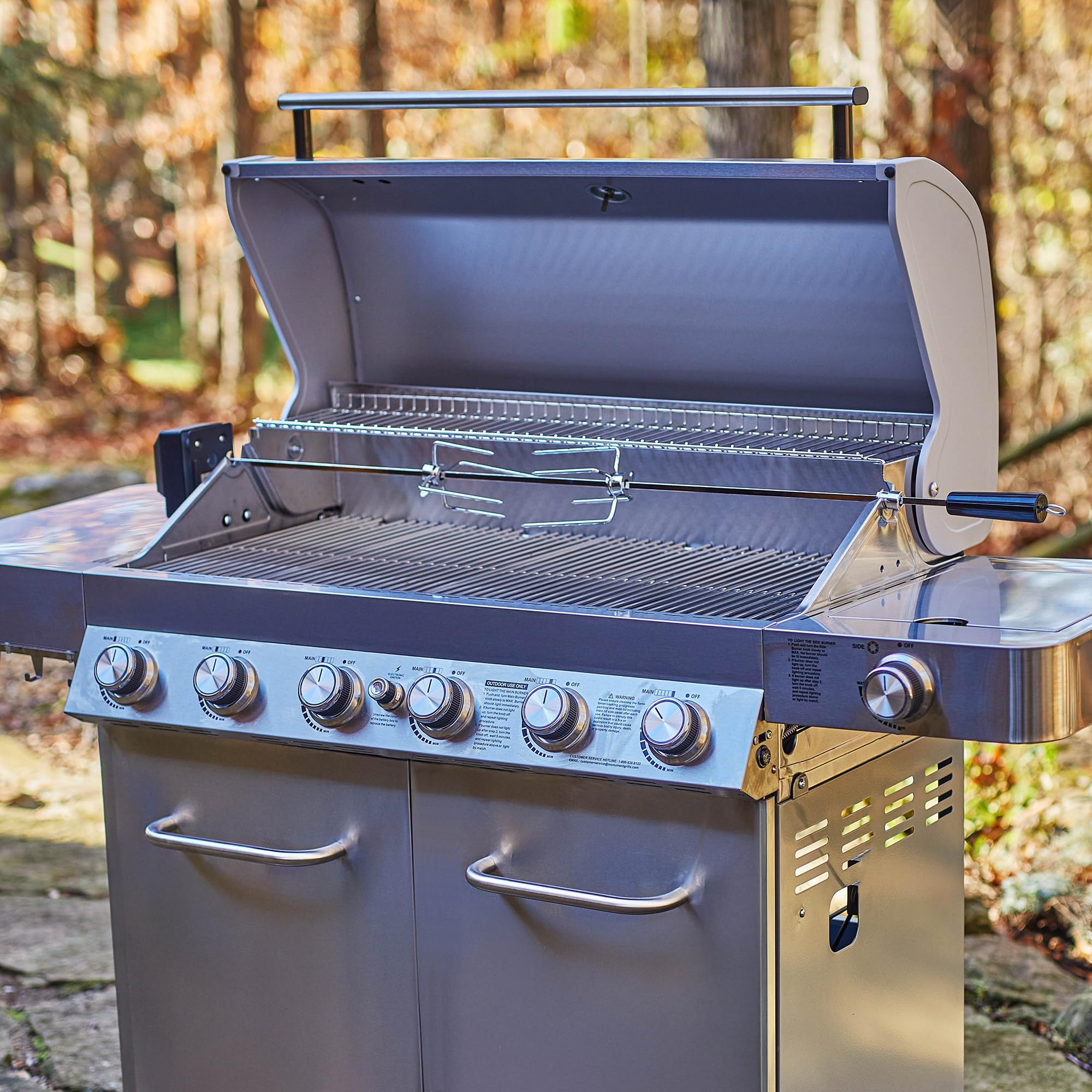 6+1 Burner Stainless Steel Cabinet Style Propane Gas Grill with Knob Controls, Side Burner, Built-In Thermometer, and Rotisserie Kit