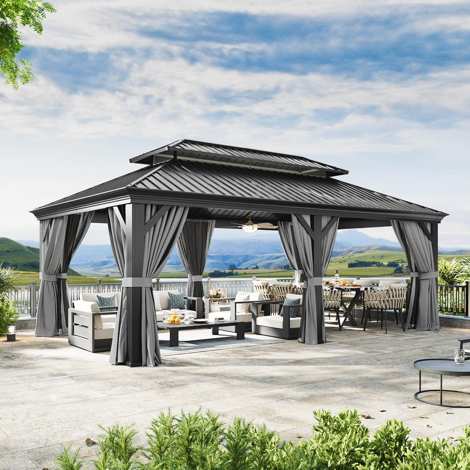 12' X 20' Hardtop Gazebo, Aluminum Outdoor Gazebo with Galvanized Steel Double Roof, Patio Permanent Metal Pavilion with Netting, for Garden, Deck, Grey, Square Foundation