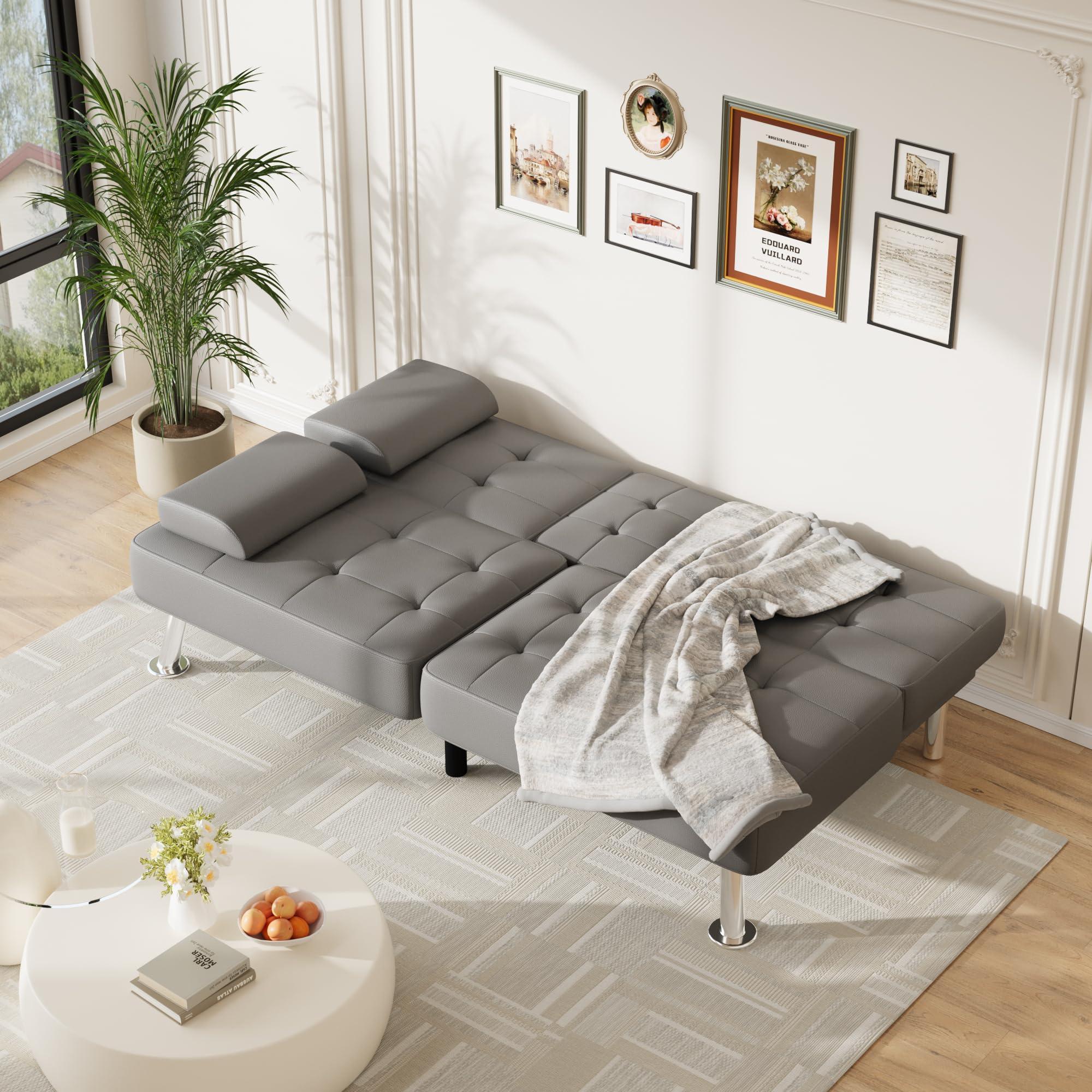Sofa Bed Adjustable Futon Couch Sleeper Sofa Bed for Living Room, Business Office, Recliner Sofas with Cup Holders (PU Leather, Gray)