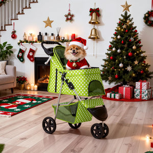 3 Wheels Pet Dog Cat Stroller for Small Medium Dogs Cats, Foldable Jogger Stroller w/Storage Basket and Cup Holder, Lawn Green Polka Dots