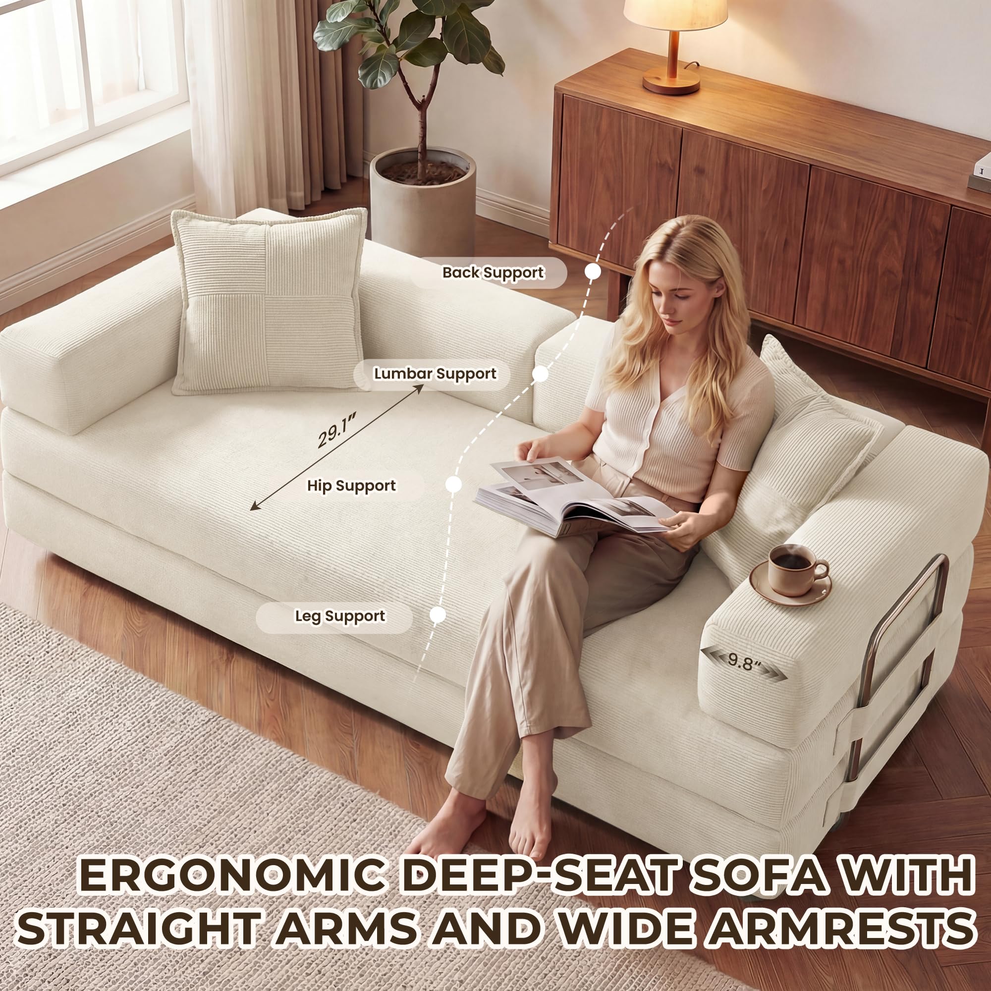 78 Inch Convertible Sofa Bed, 5-in-1 Futon Sofa Bed Pull Out Couch, Boneless Couch Bed for Living Room, Corduroy Boneless Couches for Bedroom, Apartment, No Assembly Sleeper Sofa Bed, Beige
