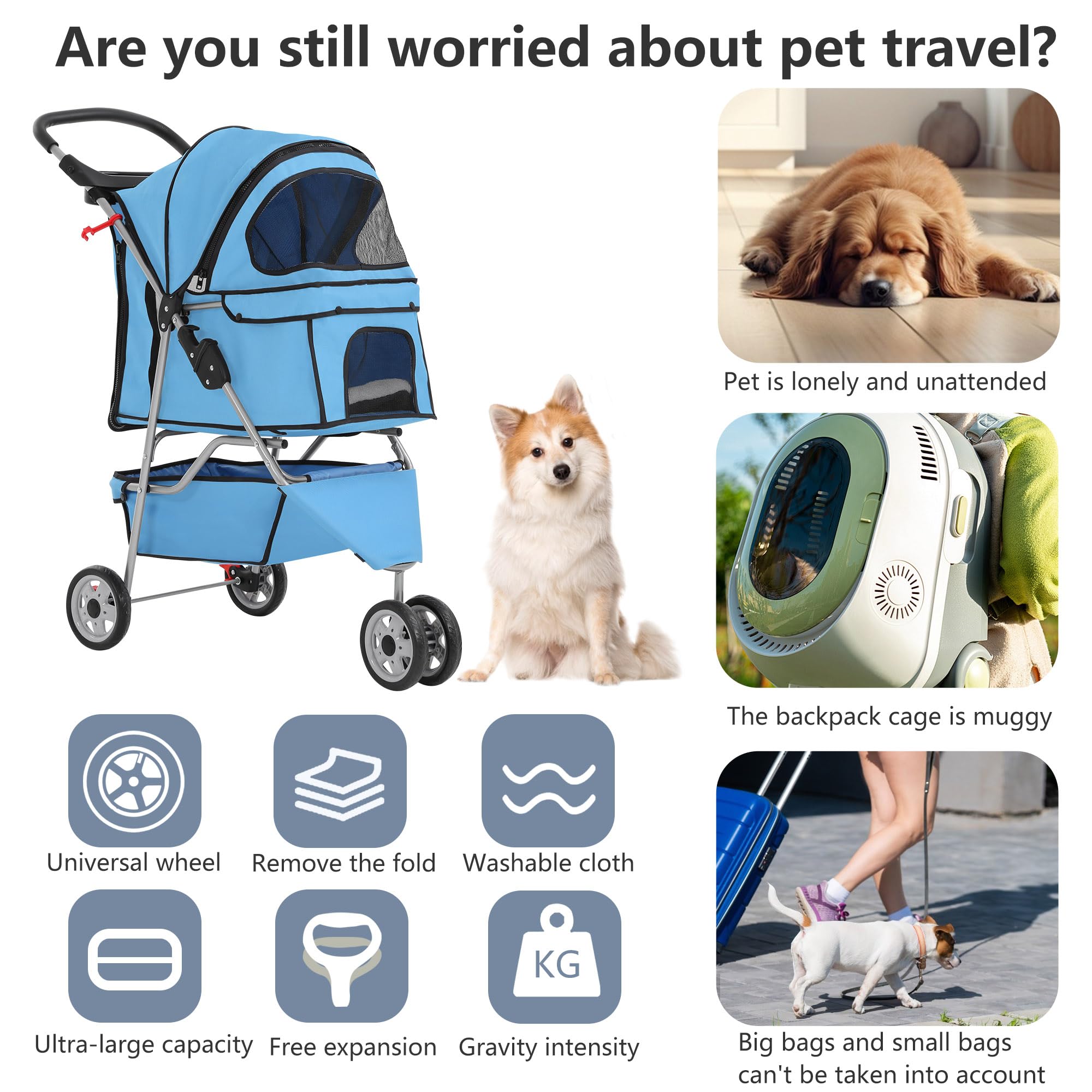 Pet Stroller 3-Wheel Durable Foldable Cat Dog Stroller with Washable Liner Storage Basket Cup Holder,Blue