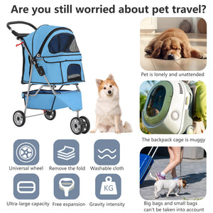 Pet Stroller 3-Wheel Durable Foldable Cat Dog Stroller with Washable Liner Storage Basket Cup Holder,Blue