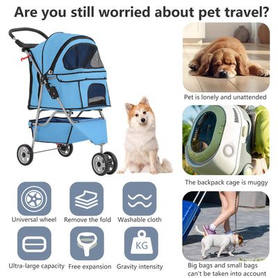 Pet Stroller 3-Wheel Durable Foldable Cat Dog Stroller with Washable Liner Storage Basket Cup Holder,Blue
