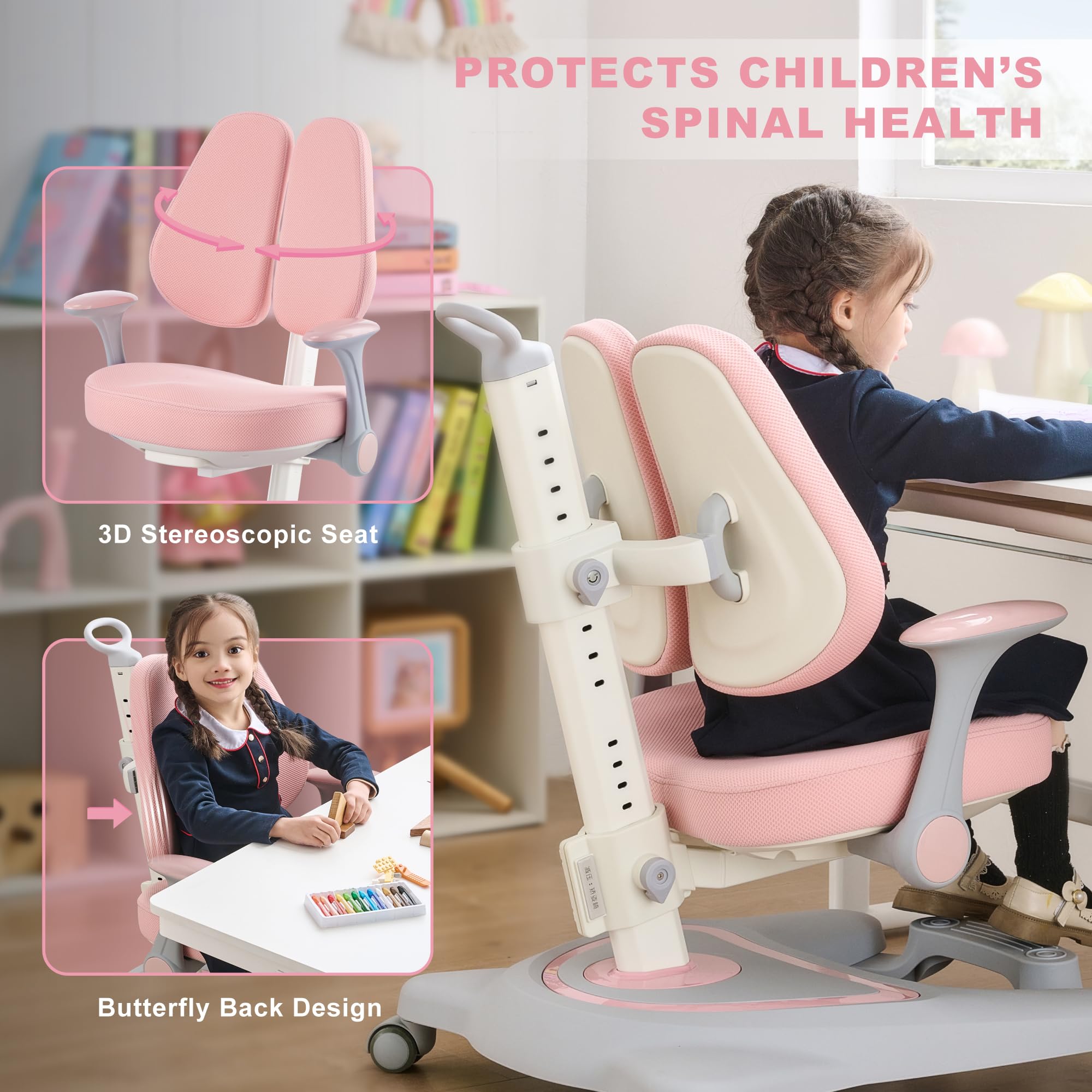 Kids Desk Chair,Ergonomic Chair: Height-Adjustable, Double Back Support – Multifunctional for Study/Work/Dining | Ideal for Kids, Petite Adults – Ultra-Comfy (Bedrooms, Schools, Offices)(Pink)
