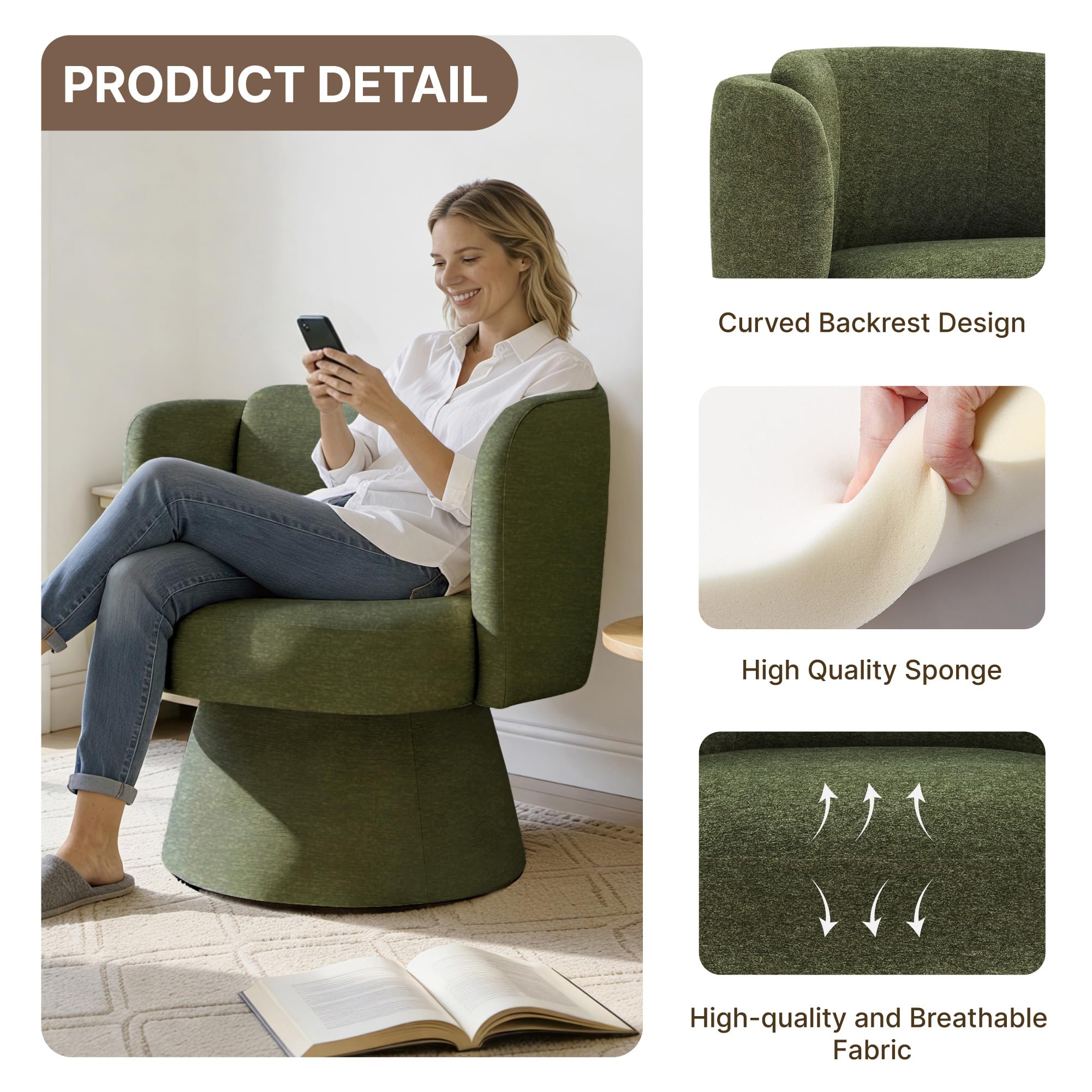Swivel Barrel Chair Set of 2,360° Accent Chairs with Round Backrest,Upholstered Lounge Chair for Vanity,Living Room,Bedroom,Reading Nook,Green