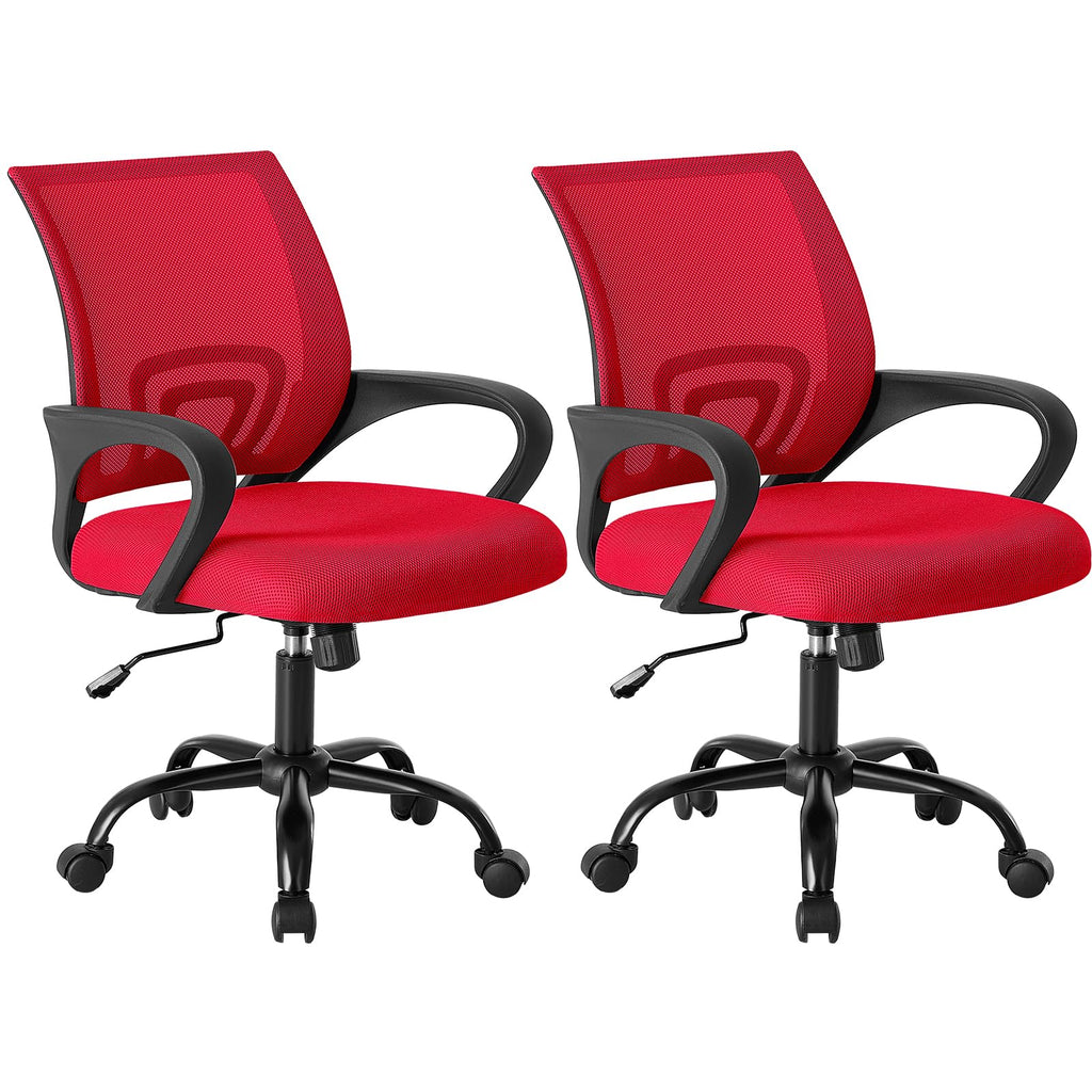 2 Pack, Office Desk Chair - Ergonomic Mid Back with Lumbar Support & Rocking Mode, Height Adjustable with Fixed Armrest, for Home, Computer, Gaming, Conference, Meeting Room, 360° Swivel, Red,