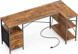 L Shaped Desk with Power Outlets, 63 Inch Reversible Computer Desk with 3 Drawers and Shelves, Home Office Table for Corner Work Study Writing Gaming, Rustic Brown