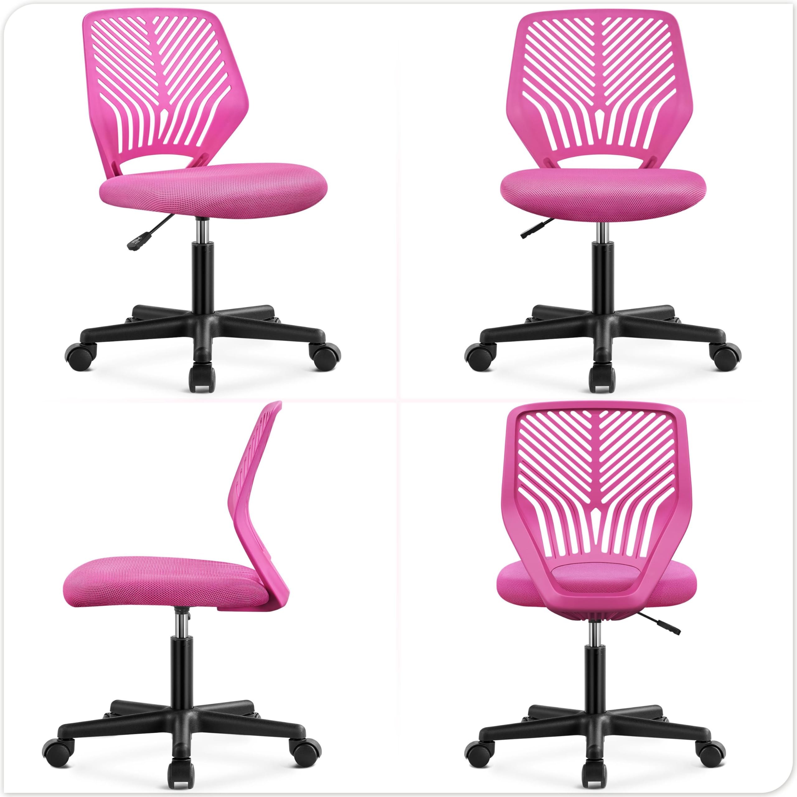 Students Cute Desk Chair Low-Back Armless Study Chair w/Lumbar Support Adjustable Swivel Chair in Home Bedroom School, Rose Red