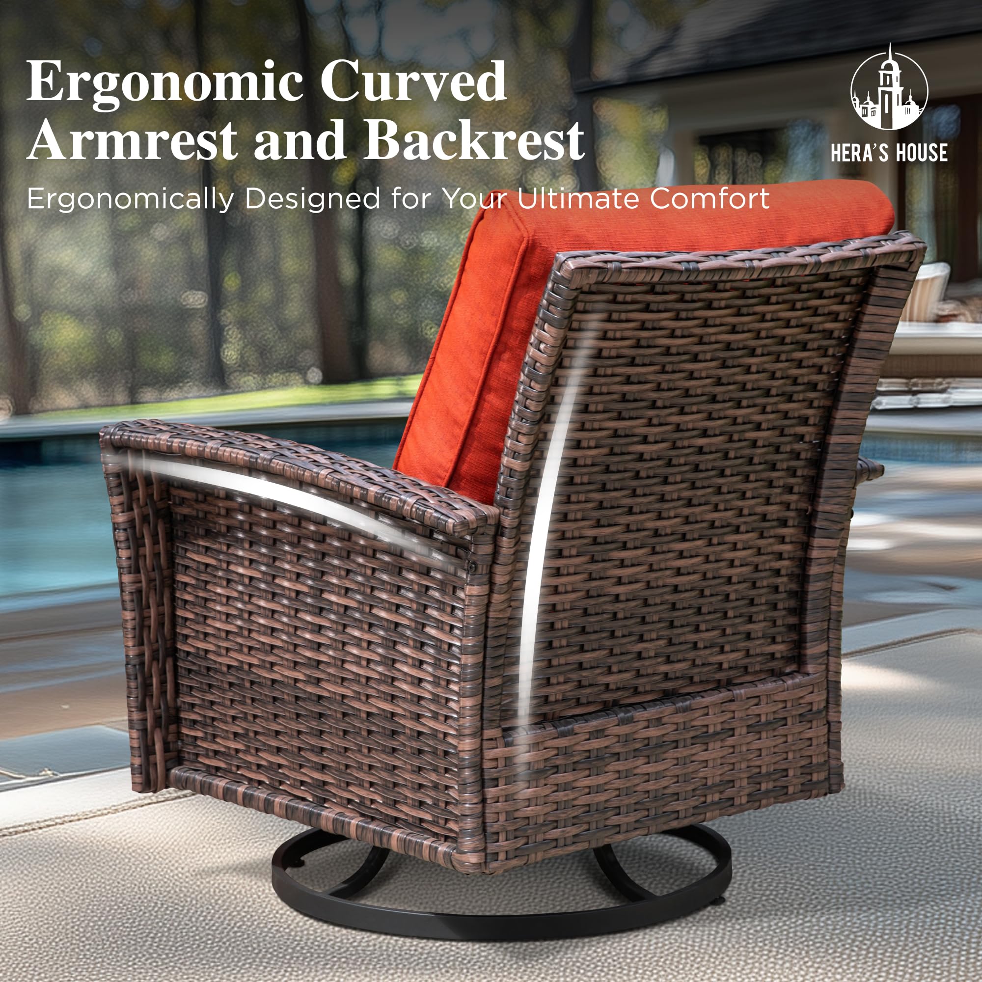 Outdoor Swivel Chairs with 5.5" Thick Cushions, 35" High Back Patio Furniture Sets, Oversized Wicker Rattan Chairs for Deck Balcony Backyard, Red