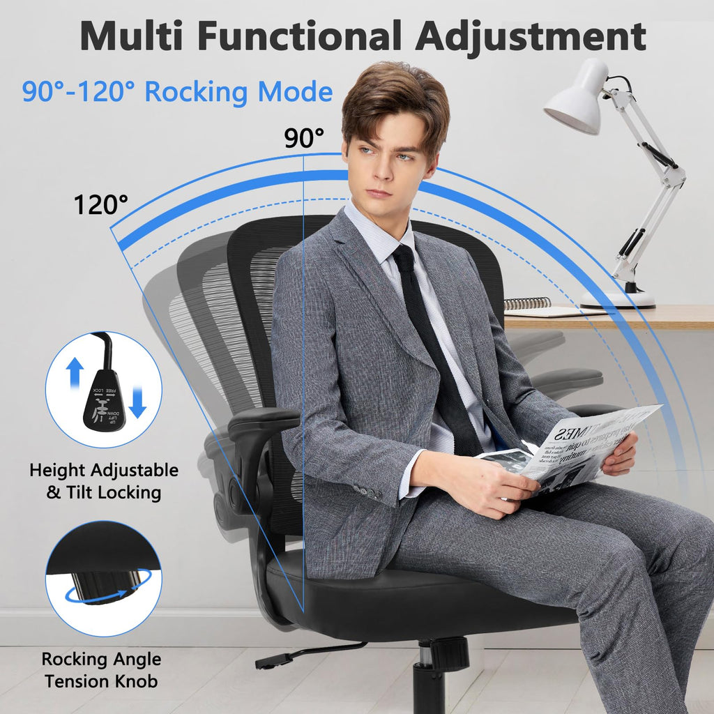 Home Office Desk Chair with Flip Up Armrests, Mesh Back Chair with Adjustable Height Lumbar Support and Leather Seat, Ergonomic Computer Task Chair for School, Conference, Black(2PK)