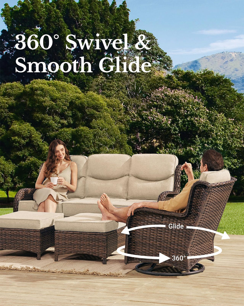 Luxury Patio Furniture Set with 6-inch Thick Cushion, Outdoor Couch and High Back Swivel Rocker Patio Chairs, 8PCS Wicker Conversation Set for Deck Yard and Poolside, Beige (V2)