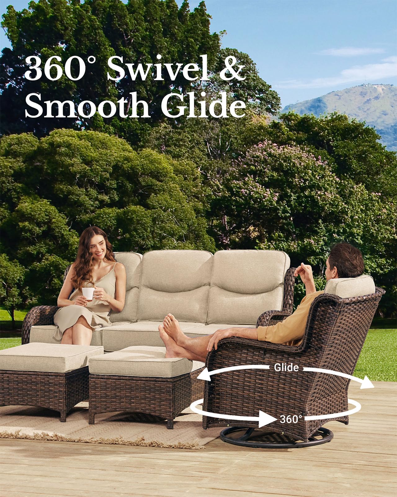 Luxury Patio Furniture Set with 6-inch Thick Cushion, Outdoor Couch and High Back Swivel Rocker Patio Chairs, 10PCS Wicker Conversation Set for Deck Yard and Poolside, Beige (V2)