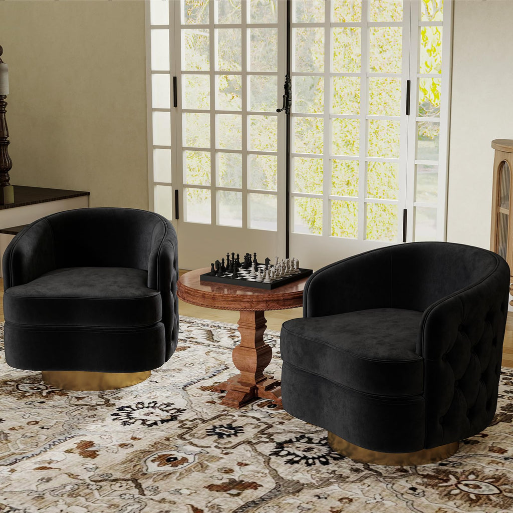 Black Swivel Barrel Accent Chair Set of 2, Modern Tufted Velvet Upholstered Round Arm Chair with Tall Backrest, Side Reading Seat for Living Room,Bedroom