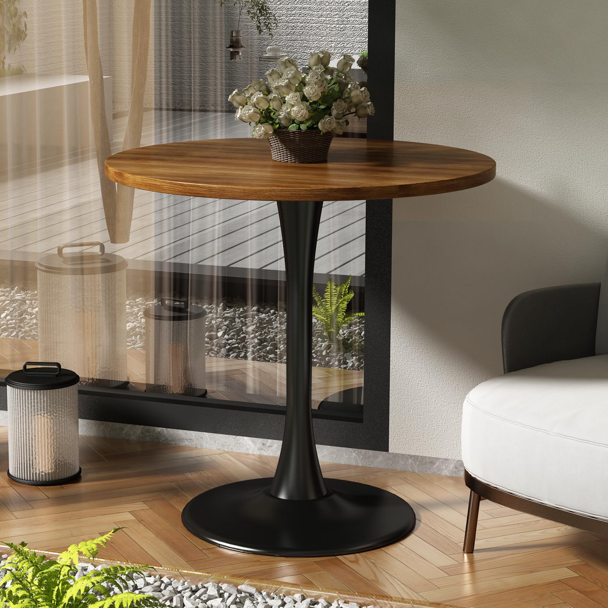 Round Dining Table 30" Circle Tulip Table with Wood Thickened Tabletop & Sturdy Metal Pedestal Mid Century Modern Farmhouse Kitchen Tables for 4 Small Places Living Room Cafe,Somber Walnut