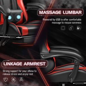 Gaming Chair, Video Game Chair with Footrest and Massage Lumbar Support, Ergonomic Computer Chair Height Adjustable with Swivel Seat and Headrest (Red)