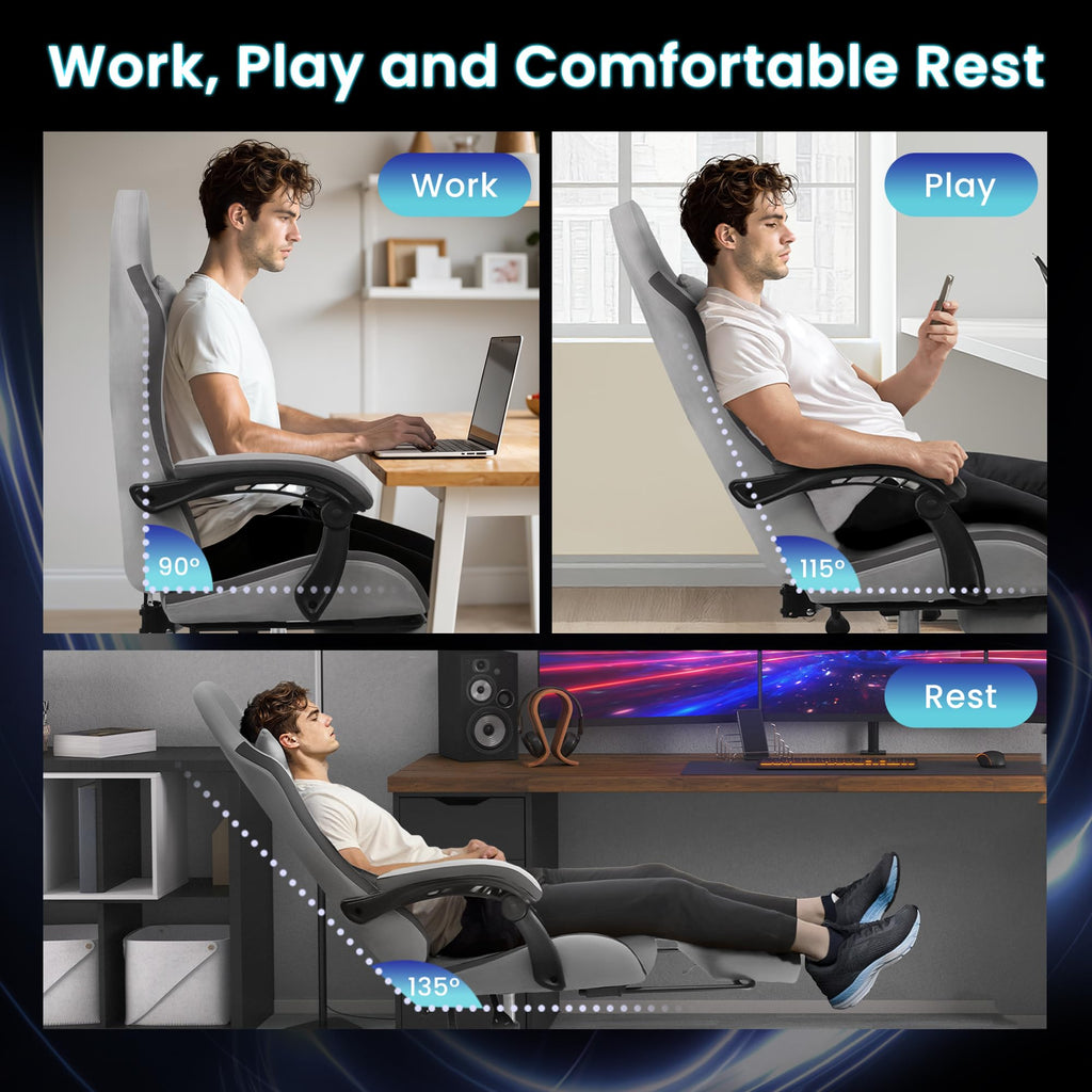 Video Gaming Chair with Footrest Lumbar Support for Home Office High Back Recliner Height Adjustable Ergonomic Comfy Fabric Computer Desk Chair (Grey)